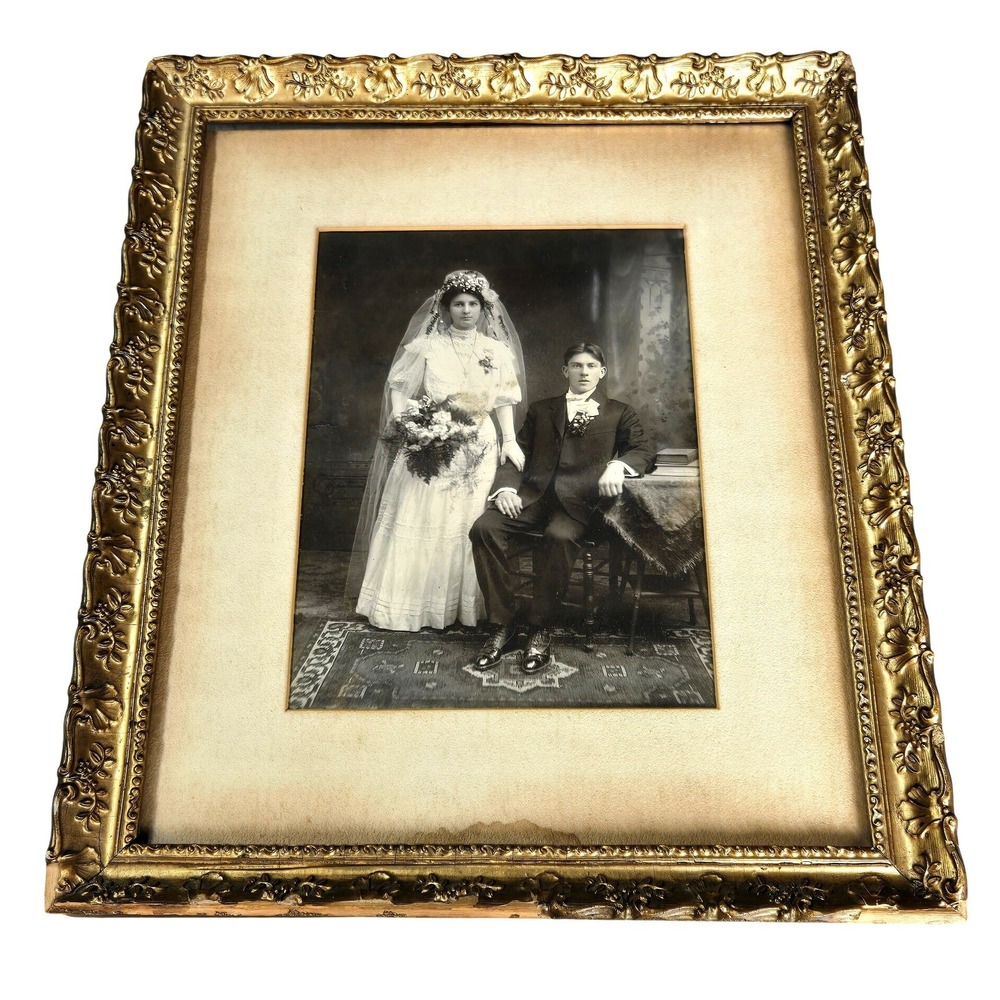 Antique Victorian Wedding Portrait Gold Gilt Frame Gothic Dark Academia Decor